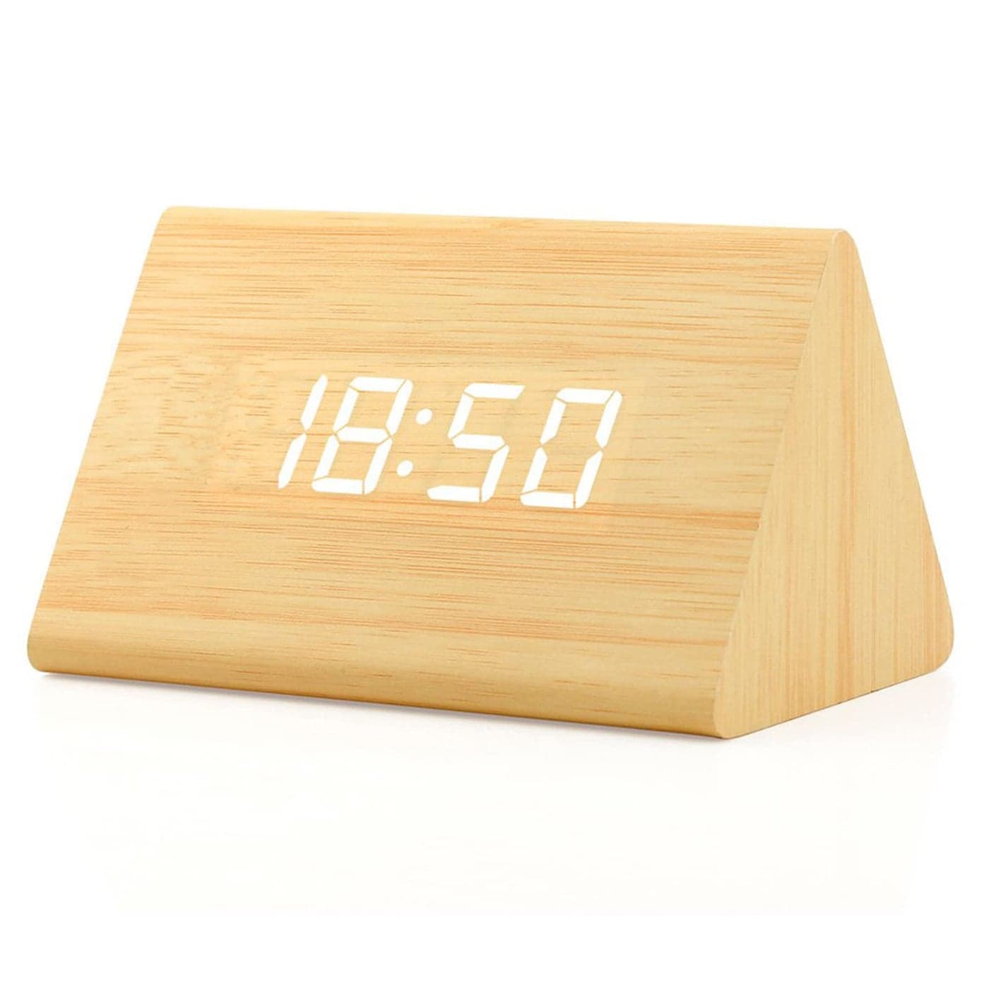 GEARONIC Digital Alarm Clock Wooden Alarm Clock Wood Modern Triangle Alarm Digital Desk Clock Displays Time Date Temperature Calendar Wood Made Electric Clocks for Bedroom Bedside Bamboo