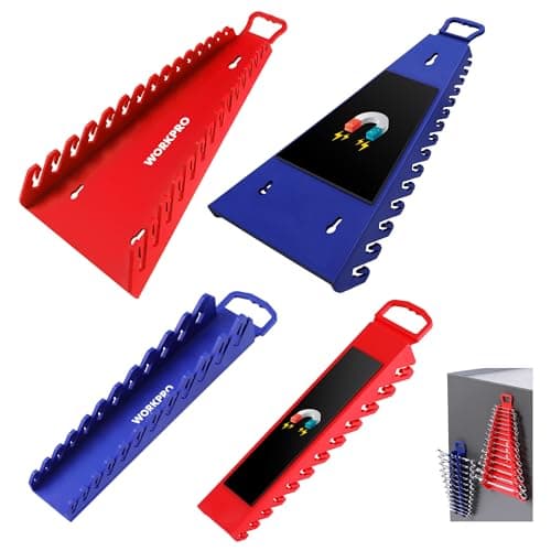 WORKPRO 4Pack Magnetic Wrench Organizer 2PC 15Slot and 2PC 12Slot Gripper Holder for Tool Boxes Flexible Gripping Teeth and Carrying Handle Fit for SAE and Metric Blue Red