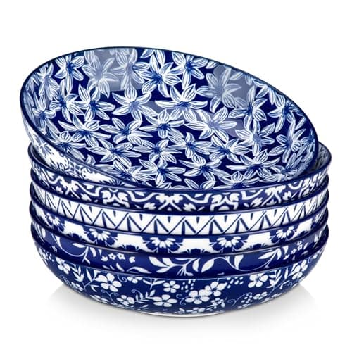 vancasso SELENE 50 oz Large Pasta Bowls Set of 6, Porcelain Serving Bowls, 9.5 Inch Wide Shallow Salad & Soup Bowls, Kitchen Pasta Plates, Microwave and Dishwasher Safe, Blue White Floral Design