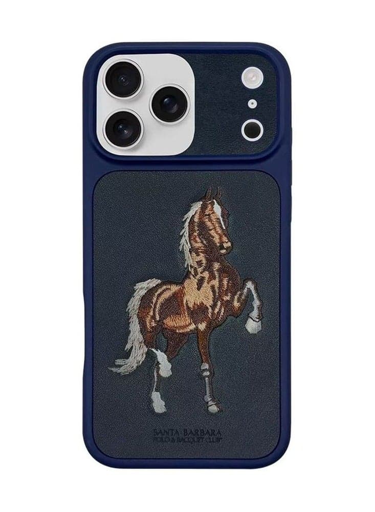 Boris Series Horse Embroidery MagSafe Phone Case for iPhone 17 Pro – Shockproof, Premium Pleather TPU, Anti-Slip Grip, Raised Edges for Screen Camera Protection, Scratch-Resistant, Lightweight Slim Design – Navy Blue