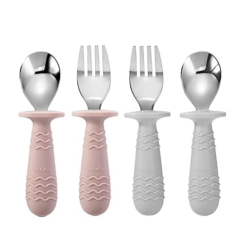 PandaEar 4 Set Baby Toddler Silicone Stainless Steel Utensils Silverware Spoon Fork for Baby Toddler BPA Free with Silicone Holding Anti-Choke Design (Pink&Grey)