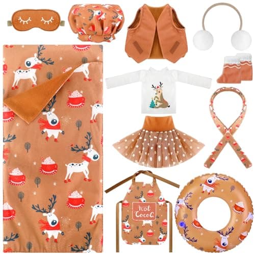 Kacctyen 11 Pcs Christmas Accessories Include Brown Doll Sleeping Bag Apron Chef Hat Ear Muffs Scarf Top Shorts Vest Ski Ring Eye Mask Skirt Snowmen Clothes Reindeer Style