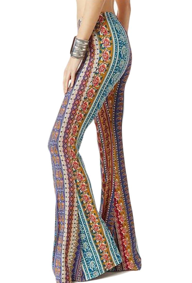 Women's Print Stretch Bell Bottom Flare Palazzo Pants Trousers S