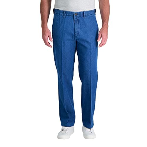 Haggar mens Casual Classic Fit Denim Trouser Pant - Regular and Big & Tall Sizes jeans, Medium Stonewash, 34W x 32L US