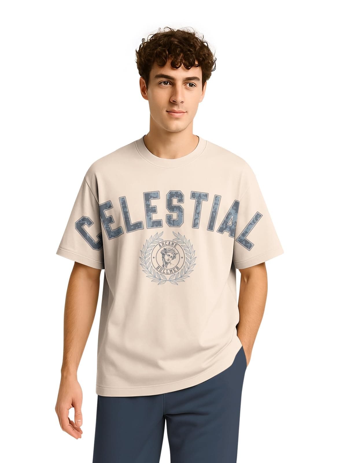 BULLMER Trendy Half Sleeve Oversized Cotton Blend Crew Neck Tshirt for Men Beige2 Medium