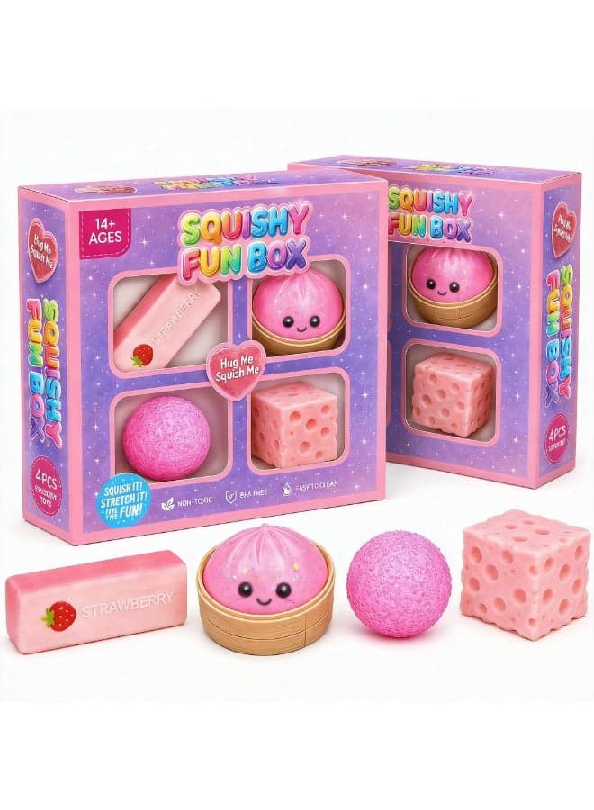 4-Pack Squishy Stress Relief Set, Slow Rising Malt Sugar Squeeze Fidget Toys, Fun Desk Accessories and Gift Set(Pink)