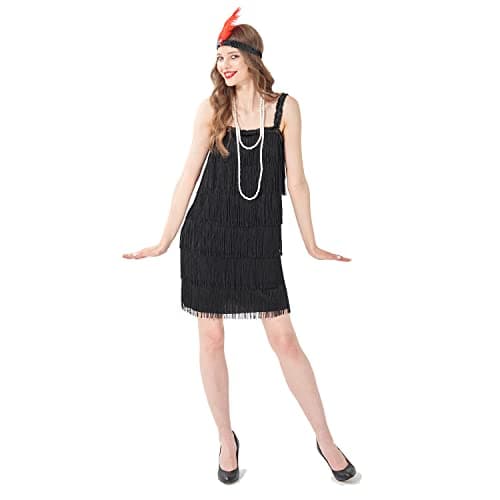 Sincere Party Women's Flapper Costume Gangster Lady Dress,1920s Great Gatsby Flapper Dresses with Pearl Necklace,Feather Headband Sequins Black for Woman XL(12-14)