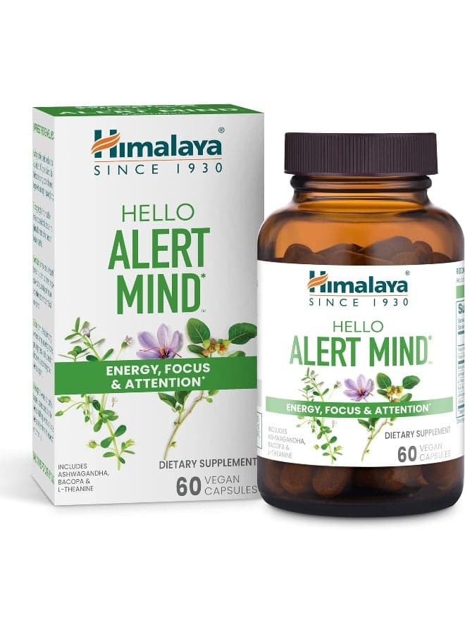 Hello Alert Mind With L-Theanine, Ashwagandha, Bacopa, Vitamin B6 & B12, For Energy, Focus & Attention, Vegan, Gluten Free, 60 Capsules