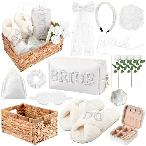 Kacctyen 16 Pcs Bride Gift Basket Ideas Bridal Shower Gifts Boxes Include Wicker Basket Bride Makeup Bag Slippers Pearl Headband Jewelry Box Hair Bow Veil and More for Bridal Stuff Engagement Gifts