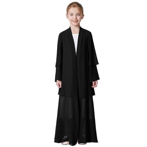 Muslim Chiffon Abaya for Girls Open Front Cardigan Modest Abayas Dresses Middle East Arabian Islamic Long Robe Dress for Kids Church Eid Ramadan Robe Prayer Dress For Girls Black + Hijab 7-8 Years