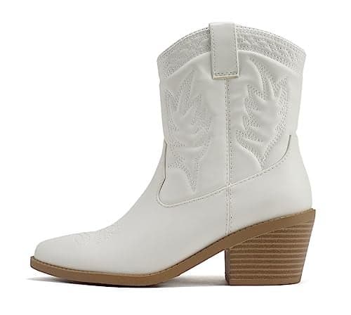 Soda Picotee Women Western Cowboy Cowgirl Stitched Ankle Boots (White PU, us_footwear_size_system, adult, women, numeric, medium, numeric_7)