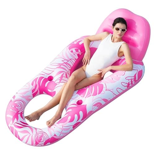 SLOOSH Pool Lounge Float Adult Inflatable Pool Floats Lounger Raft Floaties Water Floating Recliner Chair with Cup Holders Foot Rest Swimming Floaty Pink