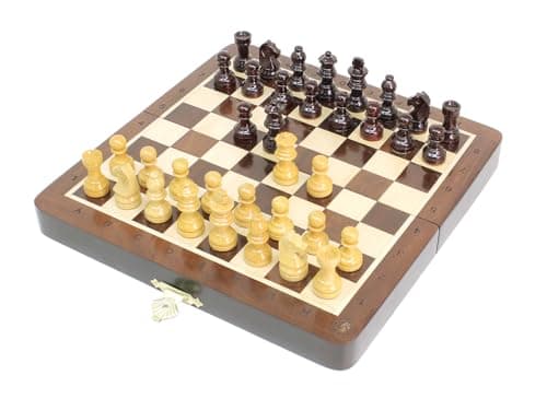 House of Chess 8 Inch Wooden Magnetic Folding Travel Chess Set Board with Algebraic Notation 2 Extra Pawns 2 Extra Queens Handmade Ringy Rosewood