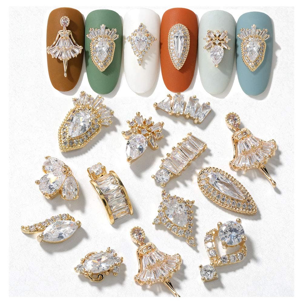 HNUIX Nail Charms and Gems Gold Copper Zircon Multiple Shapes 3D Dangle Metal Jewelry Rhinestones Charms 21 Pieces