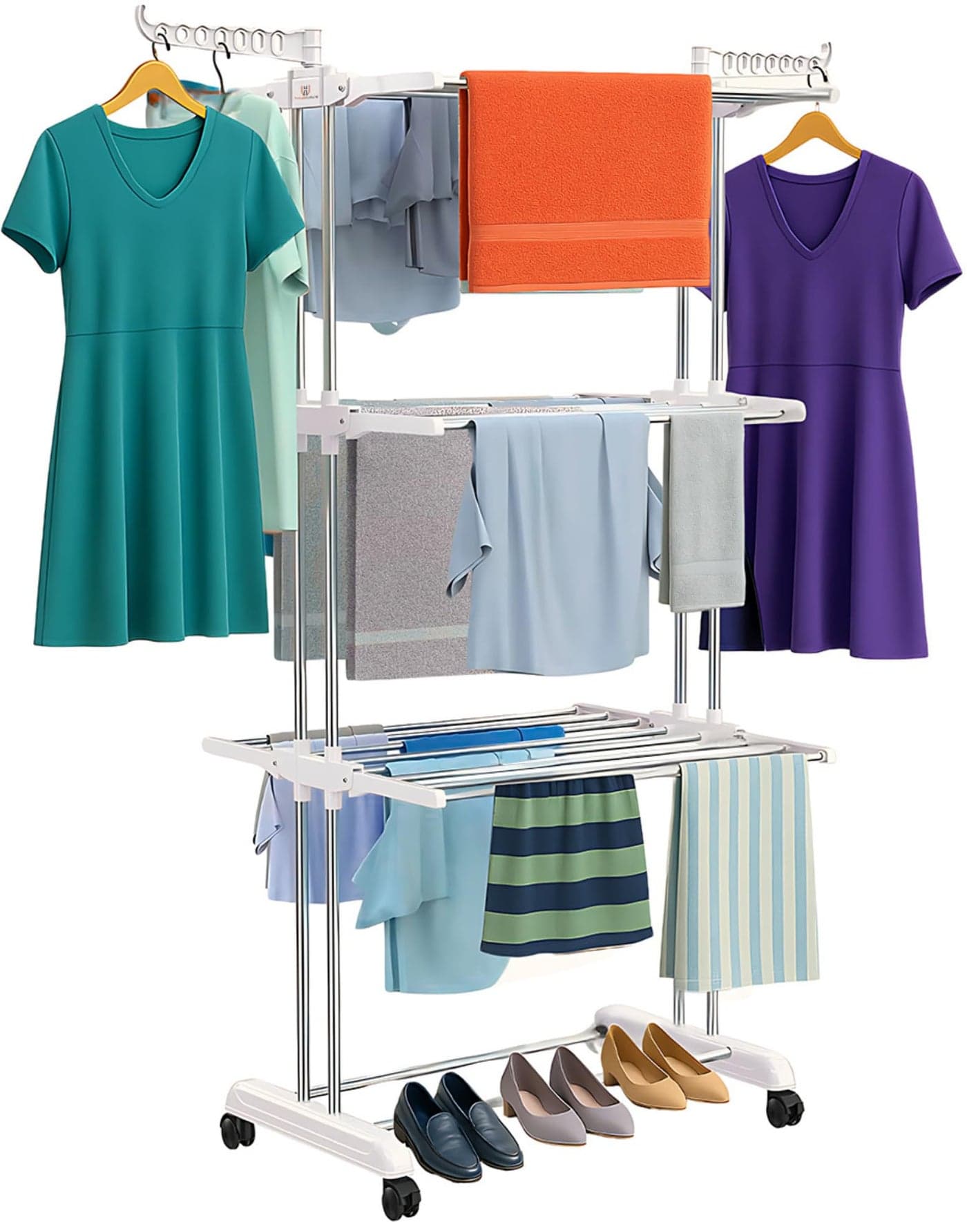 H Houseware Foldable Cloth Drying Stand Stainless Steel 3 Tier Heavy-Duty Clothes Dryer Indoor & Outdoor Use with Wheels & Hanger Slots Rust-Proof Laundry Rack (White), 121.9 x 68.6 x 167.6 Cm