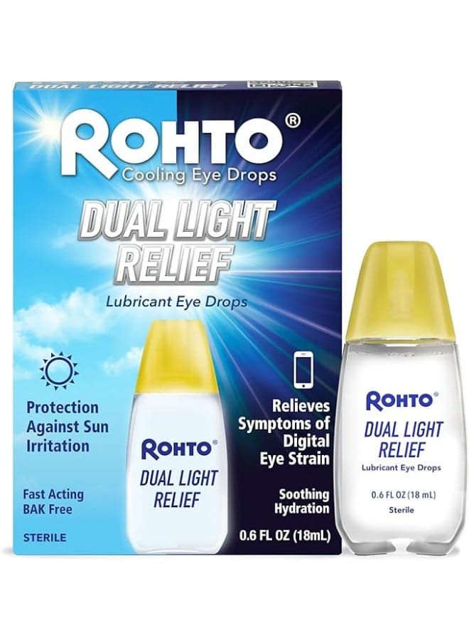 Rohto Dual Light Relief Cooling Lubricant Eye Drops, Protect Against Sun Irritation & Digital Eye Strain, Fast-Acting Relief of Dry Eyes, Irritation, Grittiness, Burning & Stinging, 0.6 fl oz