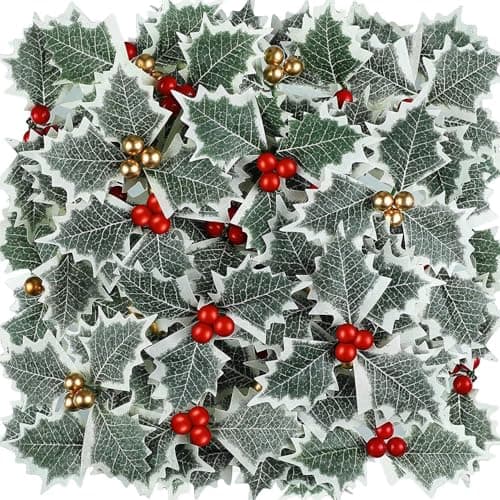 HASTHIP 30Pcs Holly Berries With Green Leaves Christmas Decorations Gold and Red Artificial Hanging Ornaments for Xmas Tree, Garland Wreath, Home Decor, 13cm