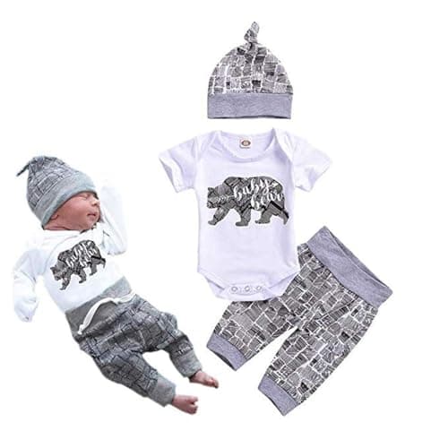 Unutiylo Newborn Baby Boy Clothes Baby Bear Letter Print Romper+Long Pants+Hat 3PCS Outfits Set White 0-3 Months