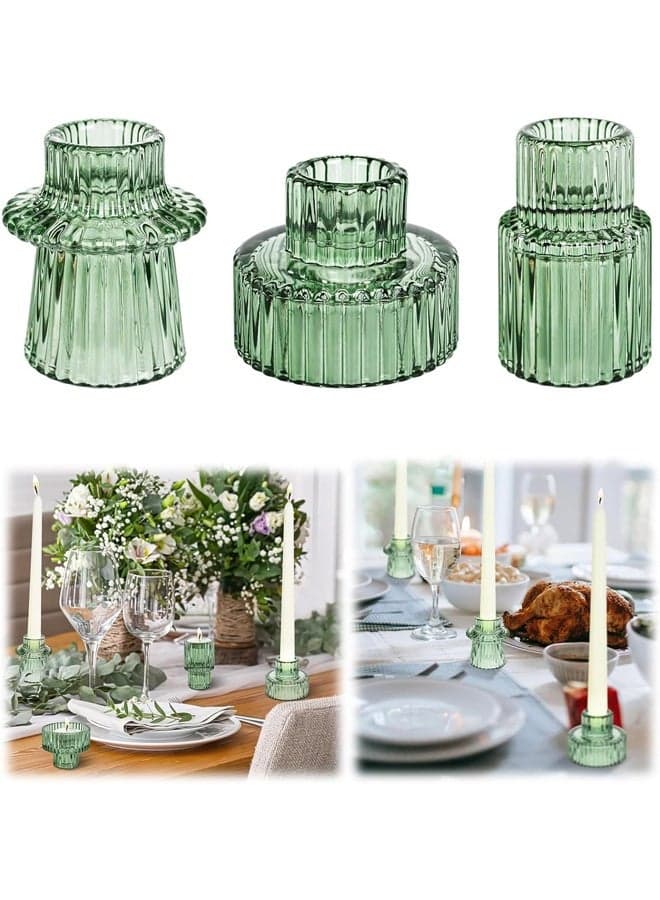 3Pcs Candle Holders,Glass Candle Holders for Taper Candles,Pillar Candles and Tealight Candles,for Table Centerpieces, Wedding Decor and Dinner Party ,Green