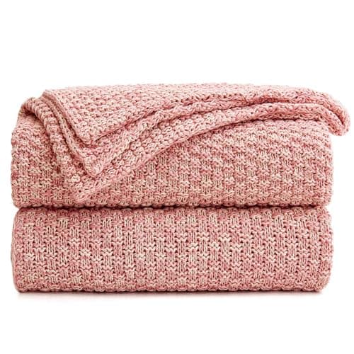 Longhui bedding Dusty Pink Knitted Throw Blanket for Couch, Soft, Cozy Machine Washable 100% Cotton Sofa Knit Blankets, 60 x 80 Inches Oversized, Pink and White Color, Laundry Bag Included