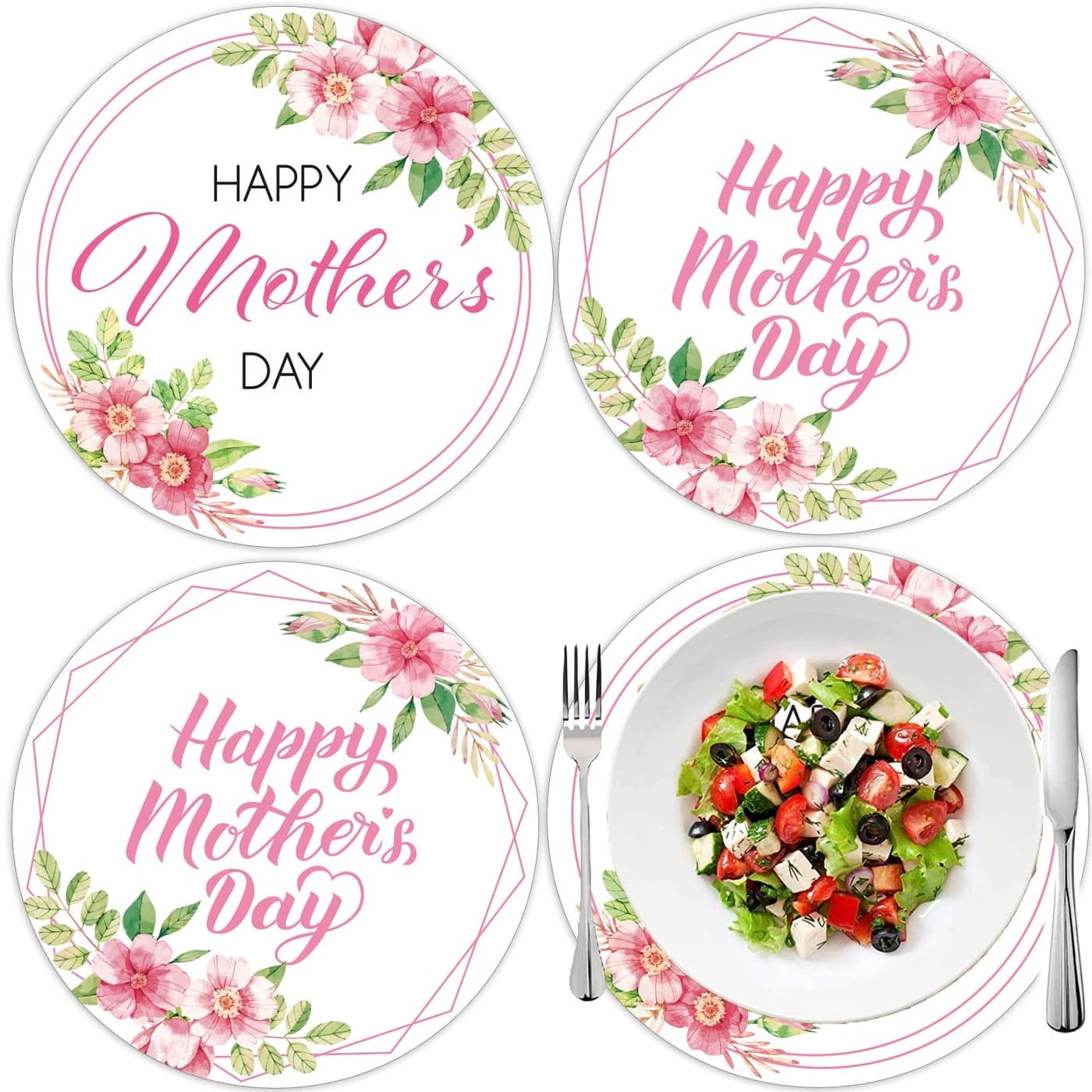 Happy Mothers Day Round Place Mats 13 x 13 Mothers Day Tableware Supplies for Holiday Party Floral Table Mat Pink Floral Disposable Chargers Dinnerware Paper Place Mats Decorations Favors