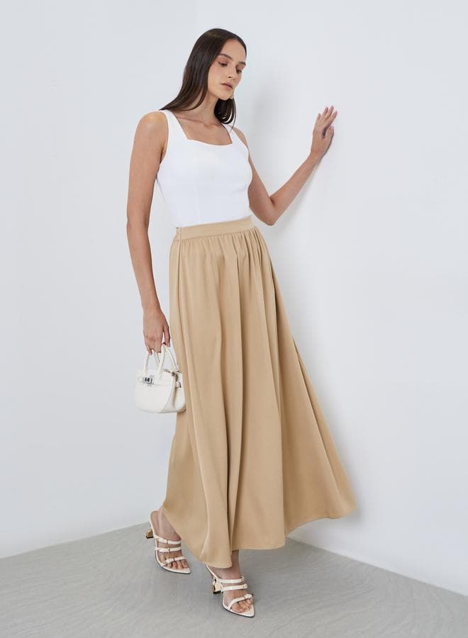 Styli Solid Pleated Detail A-Line Maxi Skirt