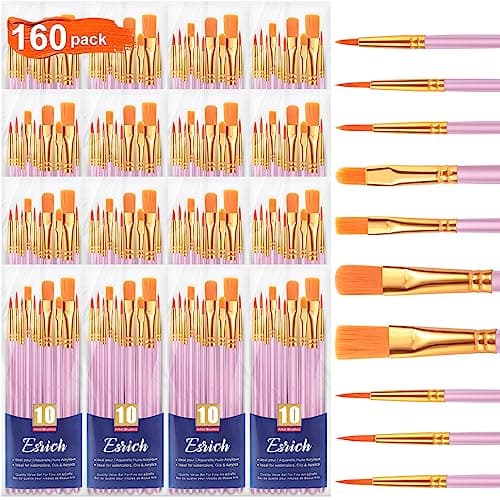 ESRICH Acrylic Paint Brushes Set, 16 Packs/160 Pcs, Pink, Suitable for Acrylic, Oil, Watercolor,Rock Body Face Nail Art,Perfect Suit of Art Painting, Best Gift for Kids Adult Drawing