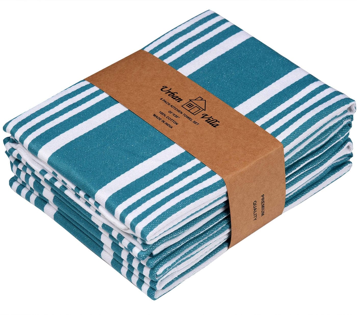 Urban Villa Kitchen Towels 100% Cotton Pack of 6, Highly Absorbent Quick Drying Super Soft Premium Dish Towels for Kitchen with Hanging Loop Hand & Tea Towels - 20x30 Inch, (Teal & White, Striped)