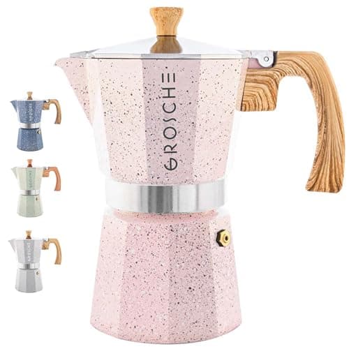 GROSCHE Milano Moka pot, Stovetop Espresso maker, Greca Coffee Maker, Stovetop coffee maker and espresso maker percolator (Pink, 6 cup)