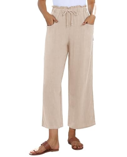 siliteelon Wide Leg Linen Pants for Women Summer Capri Palazzo Flowy Pants Casual Loose High Waist Trousers with Pockets Beige