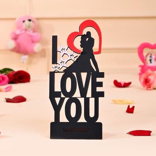 ascension Wooden I Love You Showpiece with Stand Gift for Girlfriend Boyfriend I Love You Animated Characters for Valentine Day Love Showpieces Anniversary Birthday Gifts Valentine's Decoration Items