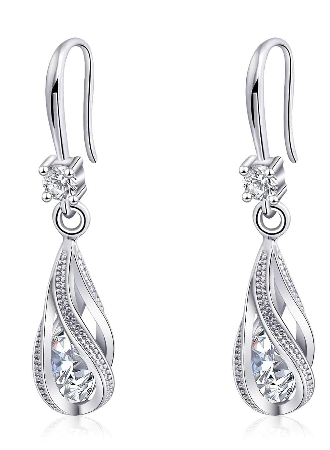 Silver White Cubic Zirconia Earrings Dangling for Women Spiral Hanging Shaped Teardrop Earrings for Bridal or Gift