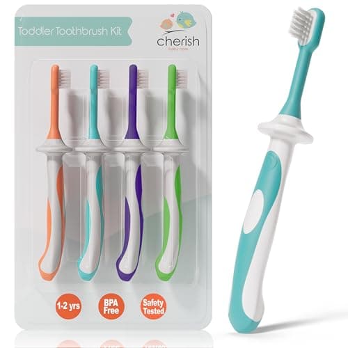 Cherish Baby Care Toddler Toothbrushes 12 Years 4Pack BPAFree SafetyTested Kids Toothbrush Kit Designed by a Pediatric Dentist SoftGrip Toothbrush for Kids My First Toothbrush Set