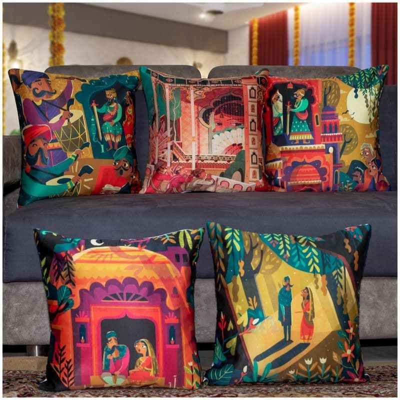 Vendola Decorative Satin Sofa Cushion Covers Set of 5, 20 Inch x 20 inch, Sofa Pillow Cover, Ethnic Festive, Multicolor, Raja Rani Royal Design, Zipper Closure (Raja Rani, 20X20 Inches)