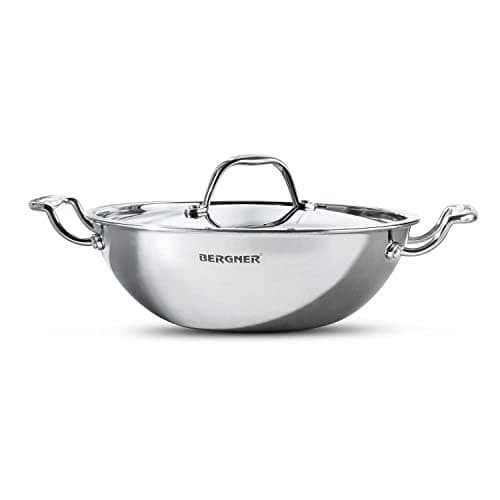 Bergner Argent TriPly 30 cm Kadai, 5.2 L Capacity, Stainless Steel Lid, for Sauté/Deep Fry/Gravy/Stir Fry/Steam, Elegant Cool Touch Handles, Mirror Finish Surface, Induction & Gas Ready