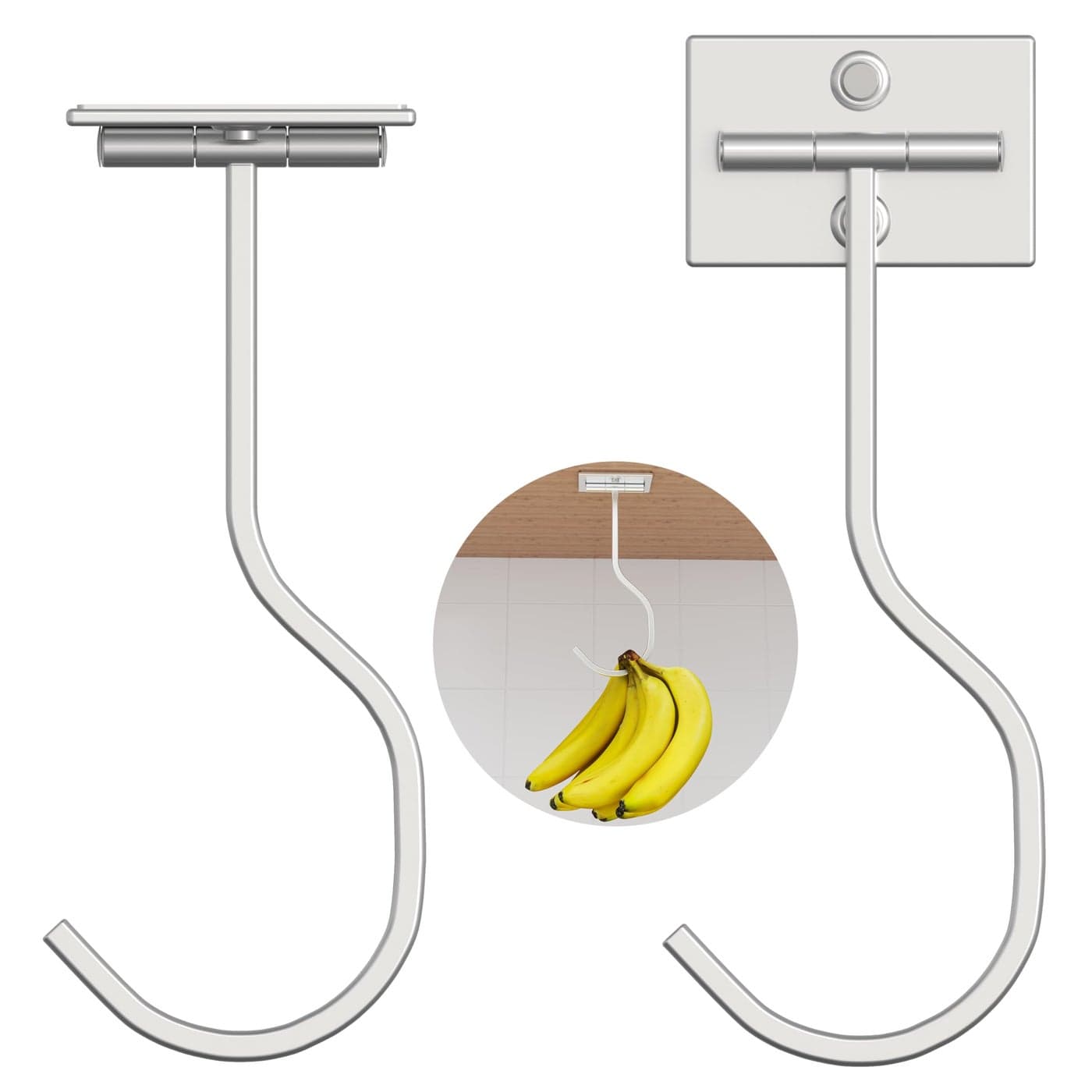 2Pack Self Adhesive Banana Hook Metal Banana Hanger HookUnder Cabinet Hook For Bananas Or Kitchen Items Foldable Banana Hook Folds Up With Magnets When Not In Use Keep Bananas Fresh Silver