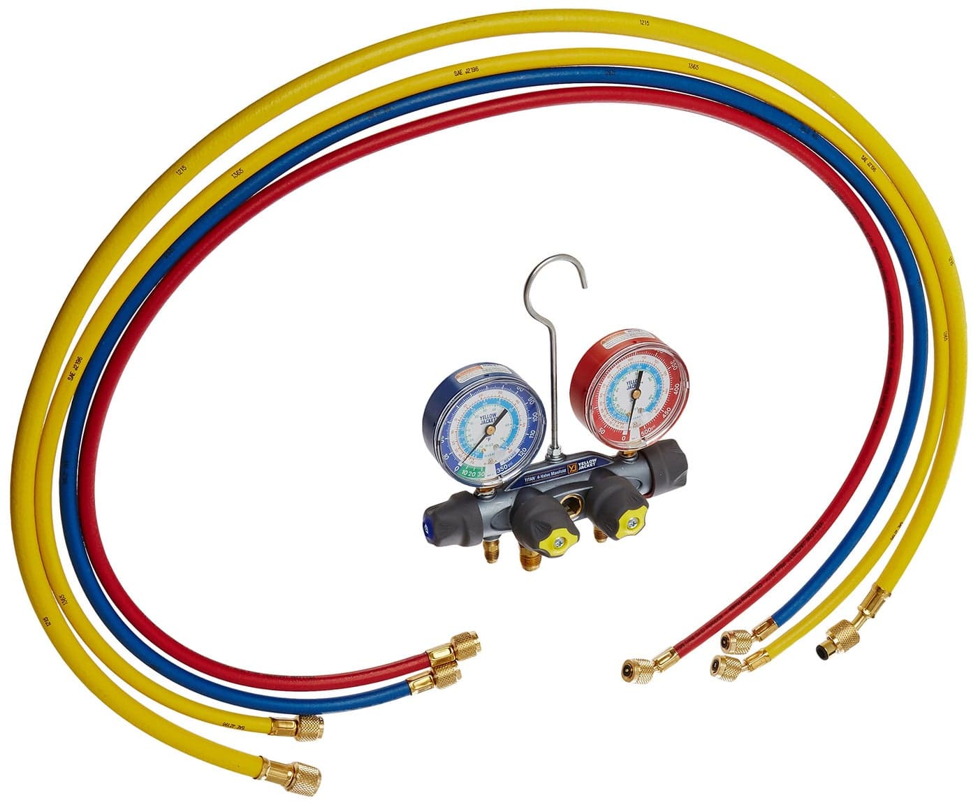 Yellow Jacket 49987 Titan 4-Valve Test and Charging Manifold Degrees F, psi Scale, R-22/134A/404A Refrigerant, Red/Blue Gauges