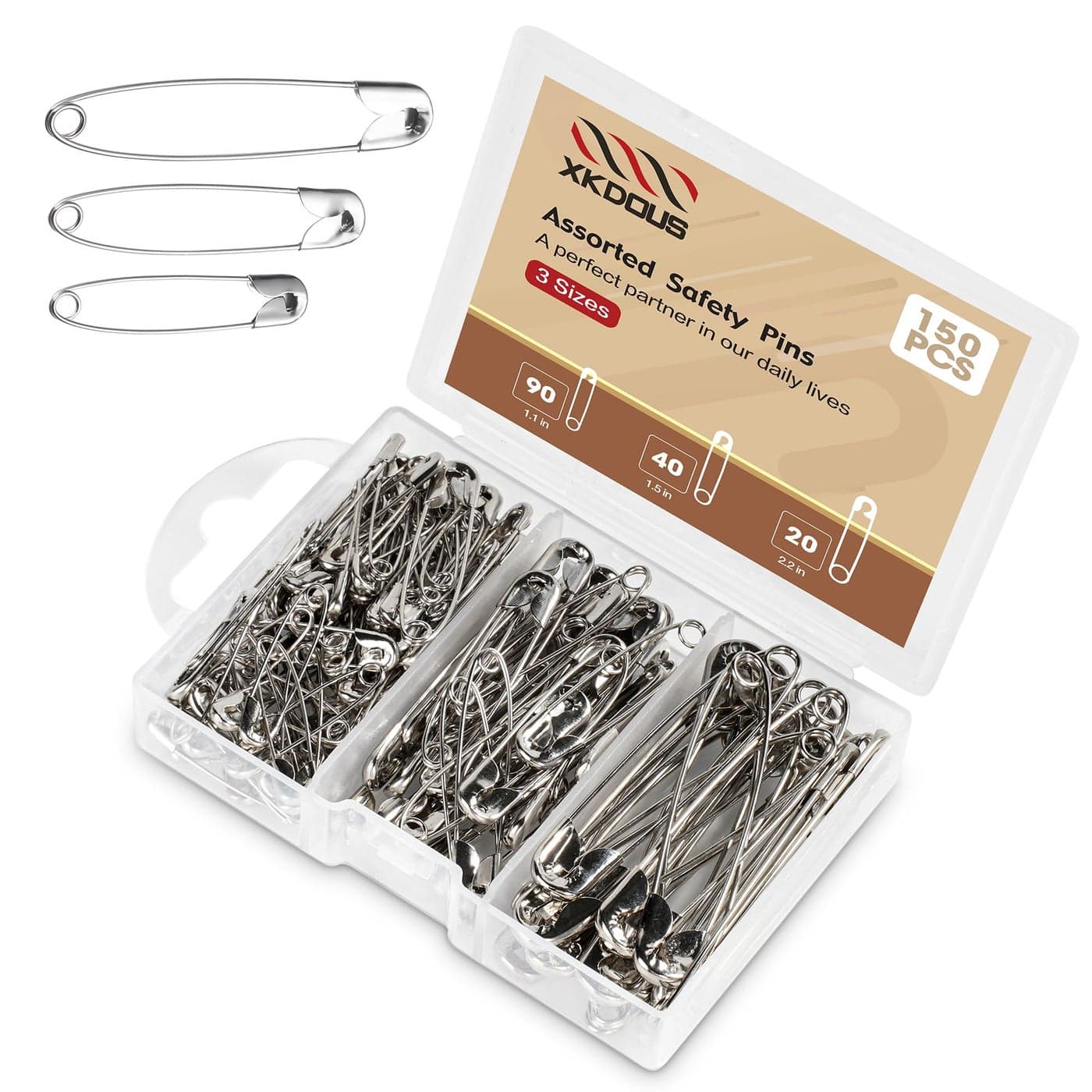 XKDOUS Safety Pins 150 Pcs Assorted Sizes Silver Pins Bulk Small Large Heavy Duty for Clothes Sewing Craft