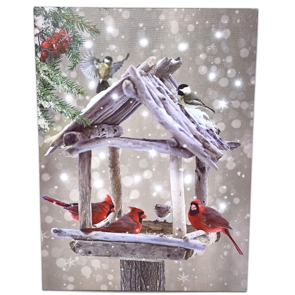 BANBERRY DESIGNS Lighted Cardinals Canvas Print with Rustic Bird Feeder Berries Snowy LED Winter Scene 20 Fiber Optic Lights Wall Art Measures 1575 x 1175