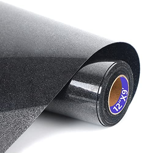 SHOMKIEE Black Glitter HTV Heat Transfer Vinyl Rolls12inch by 9feet PU Stretch Iron on Vinyl HTV Vinyl for TShirt for Silhouette and Cameo 9Ft Z1Glitter Black