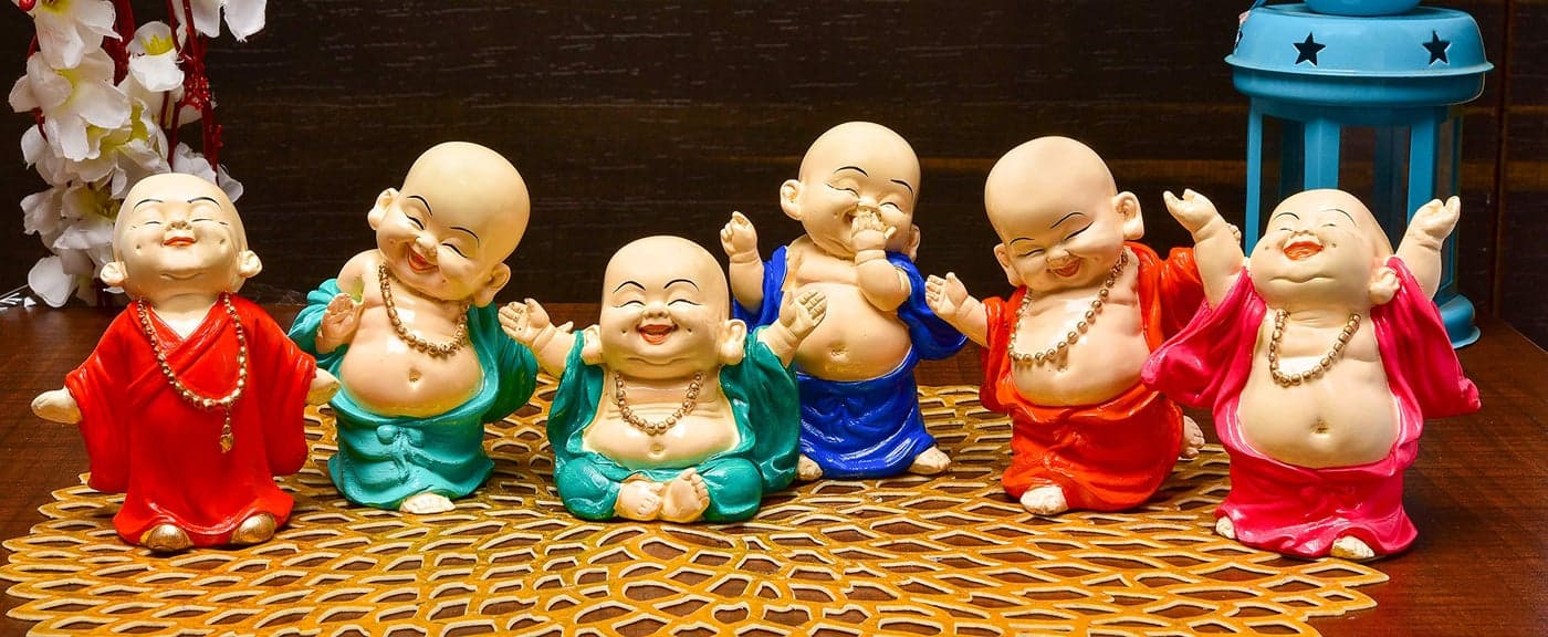 Karigaari India Handcrafted Resin Little Laughing Buddha Monk Sculpture Set of 6 Multicolor Religious Spiritual Home Decor Positive Energy Lucky Buddha Figurines Showpieces Gift Collection