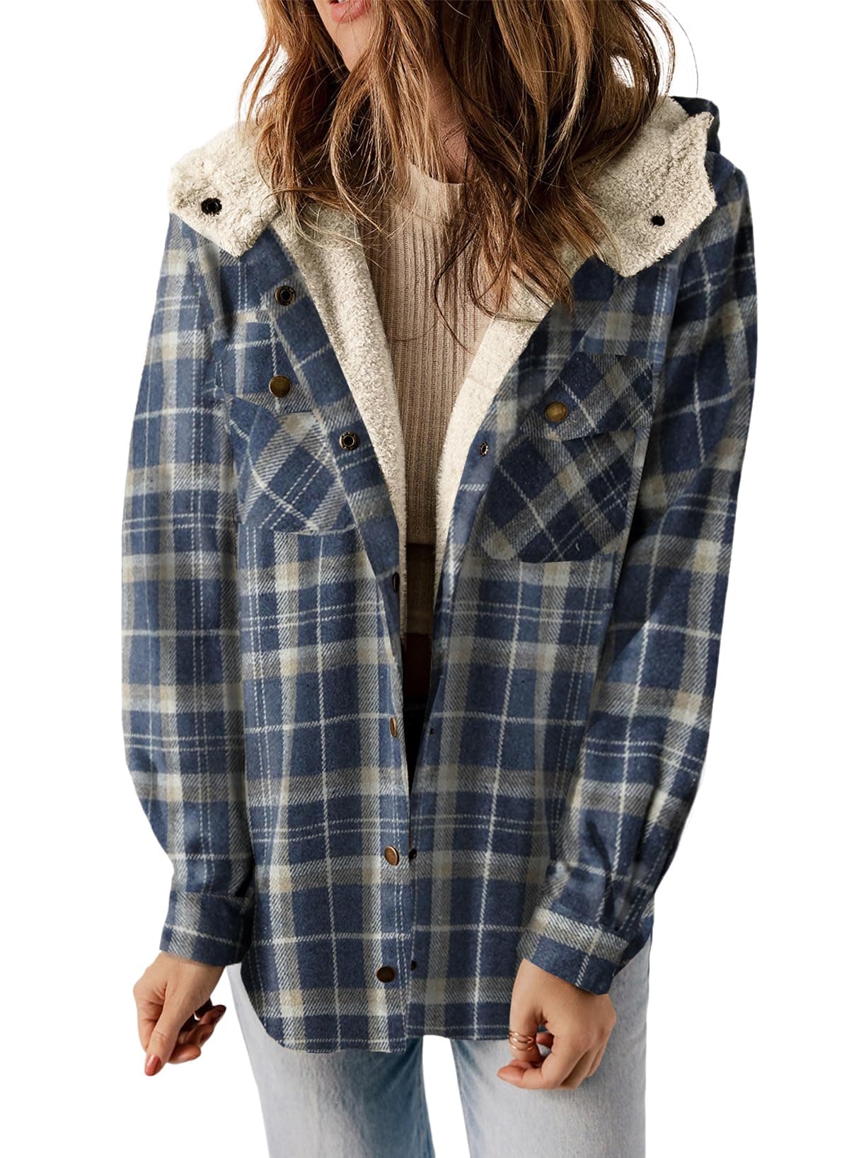 Dokotoo Womens Casual Jackets Sherpa Hooded Shacket Jacket Winter Warm Comfy Fleece Lined Thick Plaid Flannel Shirts Button Up Long Sleeve Vintage Fuzzy Outwear Coats with Pockets 2XL Blue