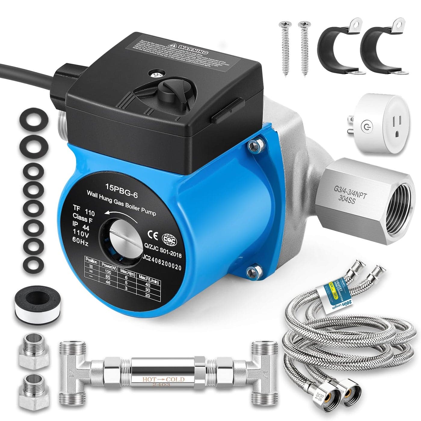 Crispaire Instant Hot Water Recirculating Pump Kit with 304 Stainless Steel Bypass Valve 20in PEX Supply Lines for Potable Water Smart Plug and Adapters with Rubber Washers for Tank Water Heaters