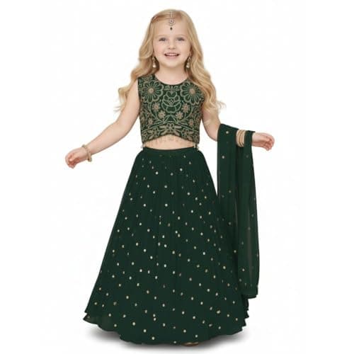 A.T.U.N. (ALL THINGS UBER NICE) Zardozi Thread Work Embroidered 3 Piece Crinkled Lehenga Set with Dupatta and Padded Choli Top for Girls (Unstitched Sleeves Included) | Designer Festive Ethnic Wear