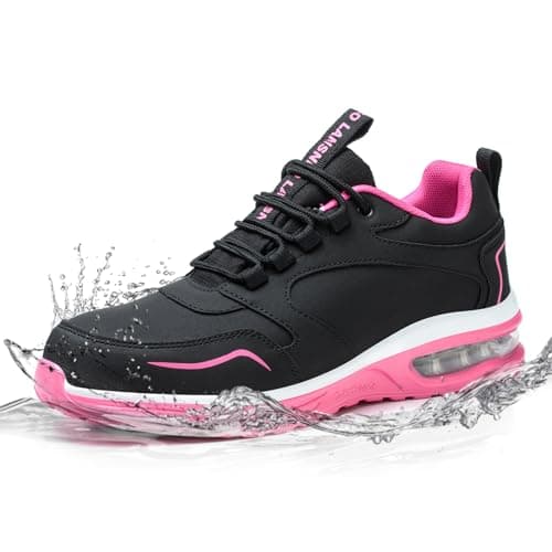 LANSNBO Waterproof Steel Toe Shoes for Women Non Slip Puncture Proof Safety Work Sneakers Comfortable Lightweight Fashion Footwear for Industrial Construction and Food Service Hei hong 385