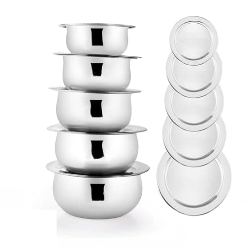 KC Stainless Steel Kitchen Serving, Cooking Bowl | Biryani Handi | Handi Set 5-Pieces with Cover
