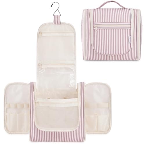 Narwey Striped Hanging Travel Toiletry Bag for Women, Travel Bag for Toiletries, Makeup Bag Organizer Cosmetic Bags Make Up Bags for Women (Dusty Rose Stripe)