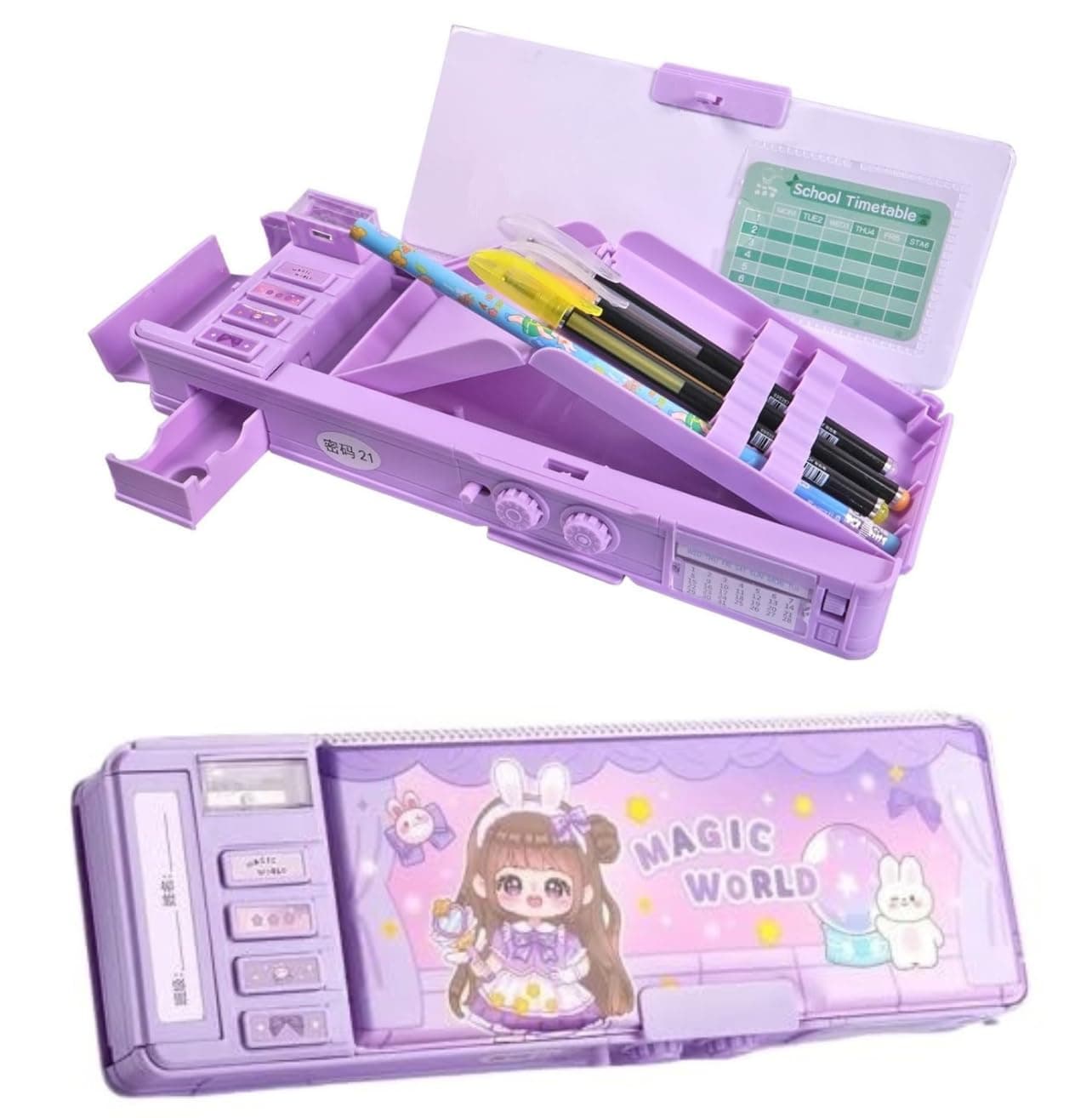 Invite Enterprise Purple Magic World Pop-Up Pencil Case Organizer with Password Lock, Sharpener, Schedule & Whiteboard – Multifunctional Cartoon Pen Box for Teens, Perfect Birthday Stationery Gift