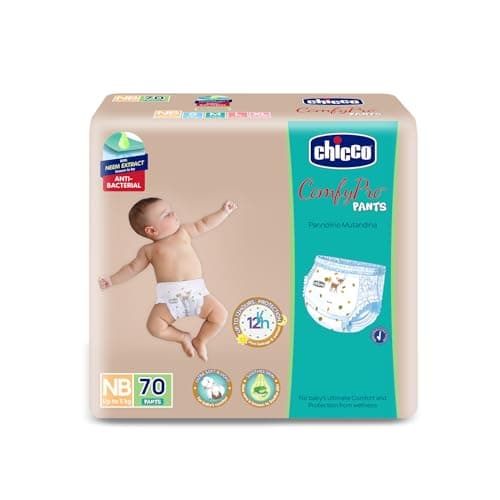 Chicco Comfy-Pro Pant Style Baby Diapers | Anti-bacterial benefits | Ultra Soft & 12hrs protection | Wetness indicator & Disposing Tapes - New Born, 70 Count, Upto 5kg