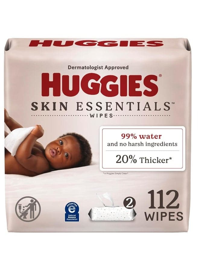 Huggies Skin Essentials Baby Wipes, Hypoallergenic, 99% Water, 2 Flip Top Packs (112 Wipes Total)